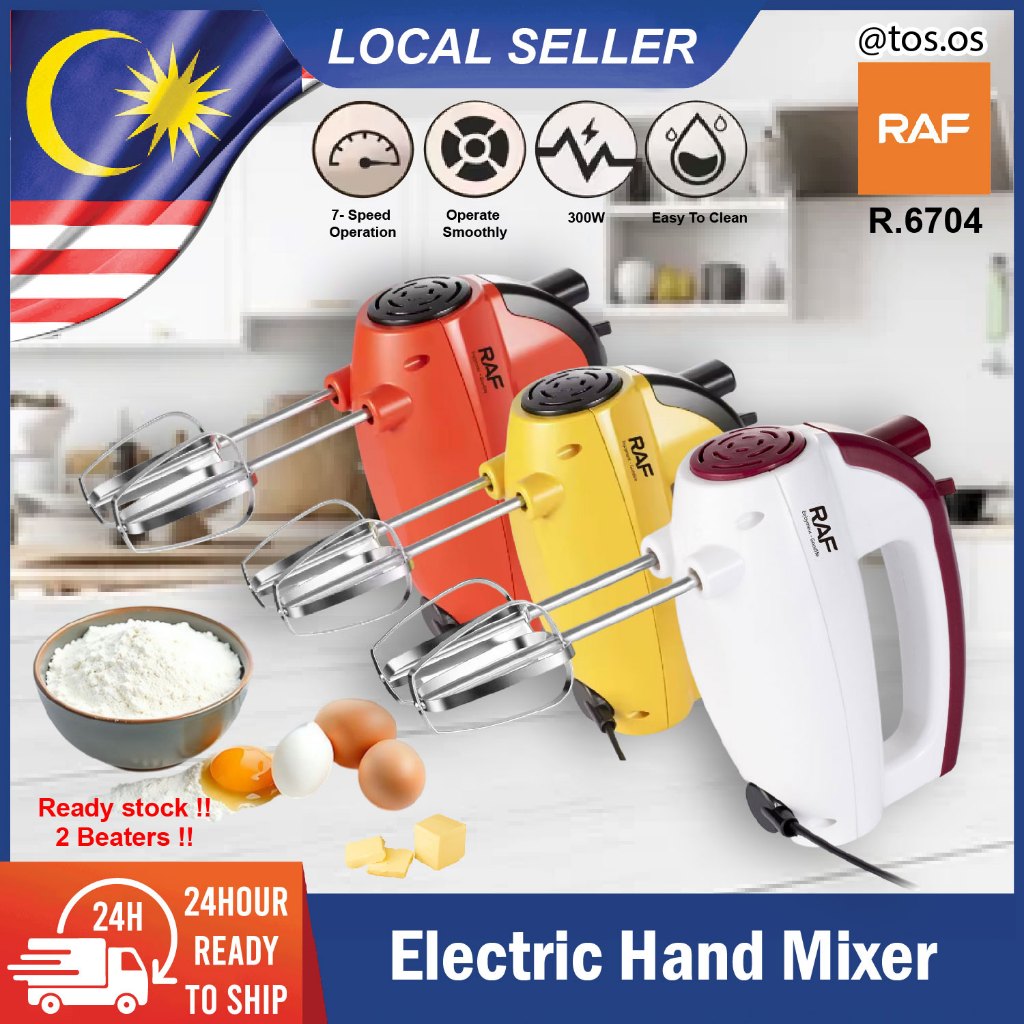 RAF R.6704 300W Hand Mixer Electric 7 Speed Baking Mixer with Beaters & Dough Hooks /  Mesin Pengadun Tepung Elektrik