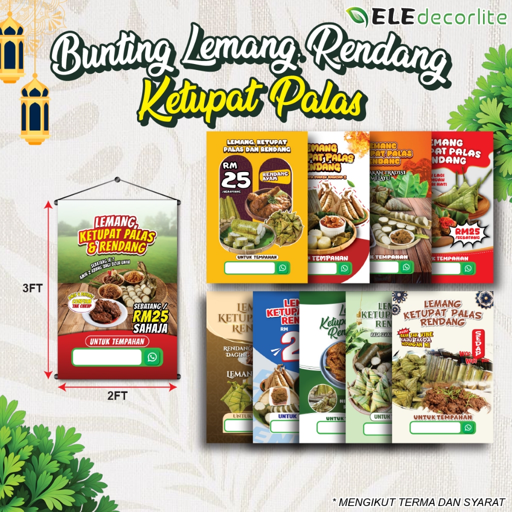 LEMANG, KETUPAT PALAS DAN RENDANG /FOOD TRUCK/BUNTING KEDAI MAKANAN 2ft x 3ft/2ft x 4ft/2ft x 5ft