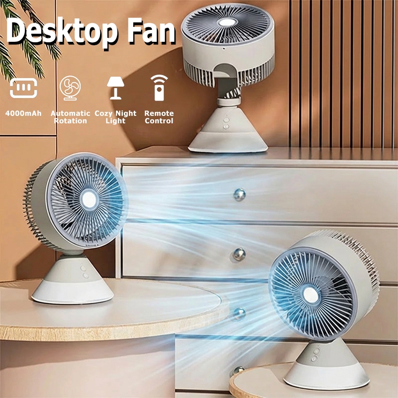 Kipas Meja Rechargeable 4000mAh Air Circulating Fan 3 Speed Strong Wind Fan Portable Light Weight Kipas Angin Table Fan