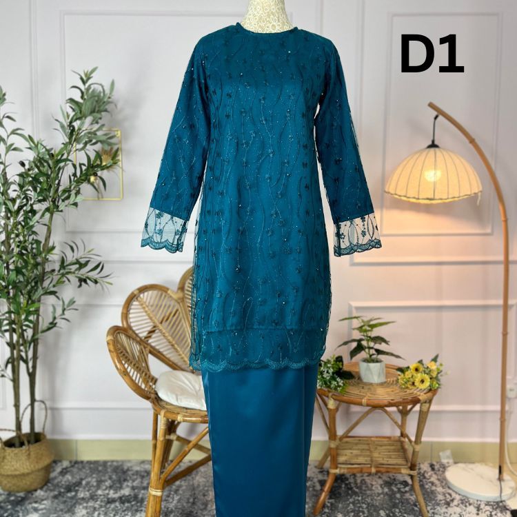 2026 Baju Kurung Raya Teal Blue Viral Kain Soft Satin