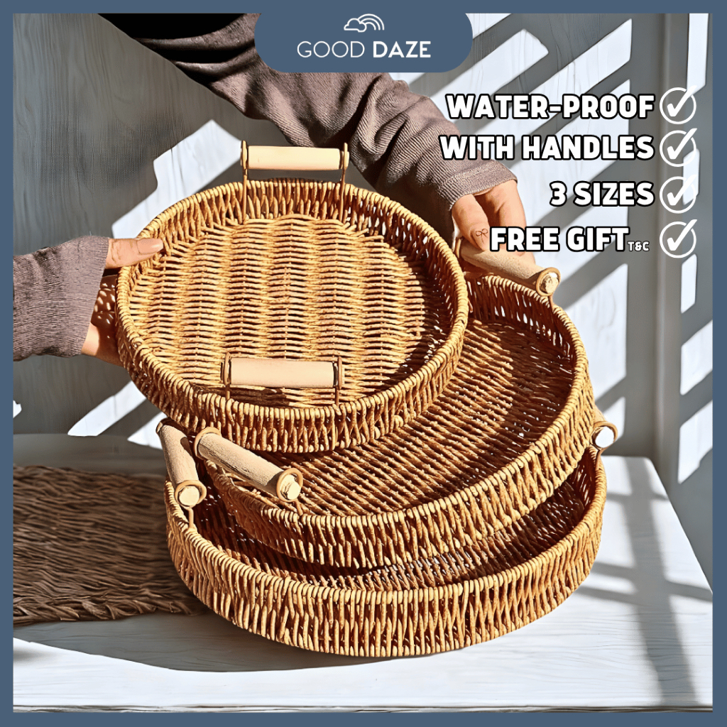 Rattan Weaving Serving Tray Wicker Woven Bread Basket Handles Dinner Parties Coffee Table Breakfast