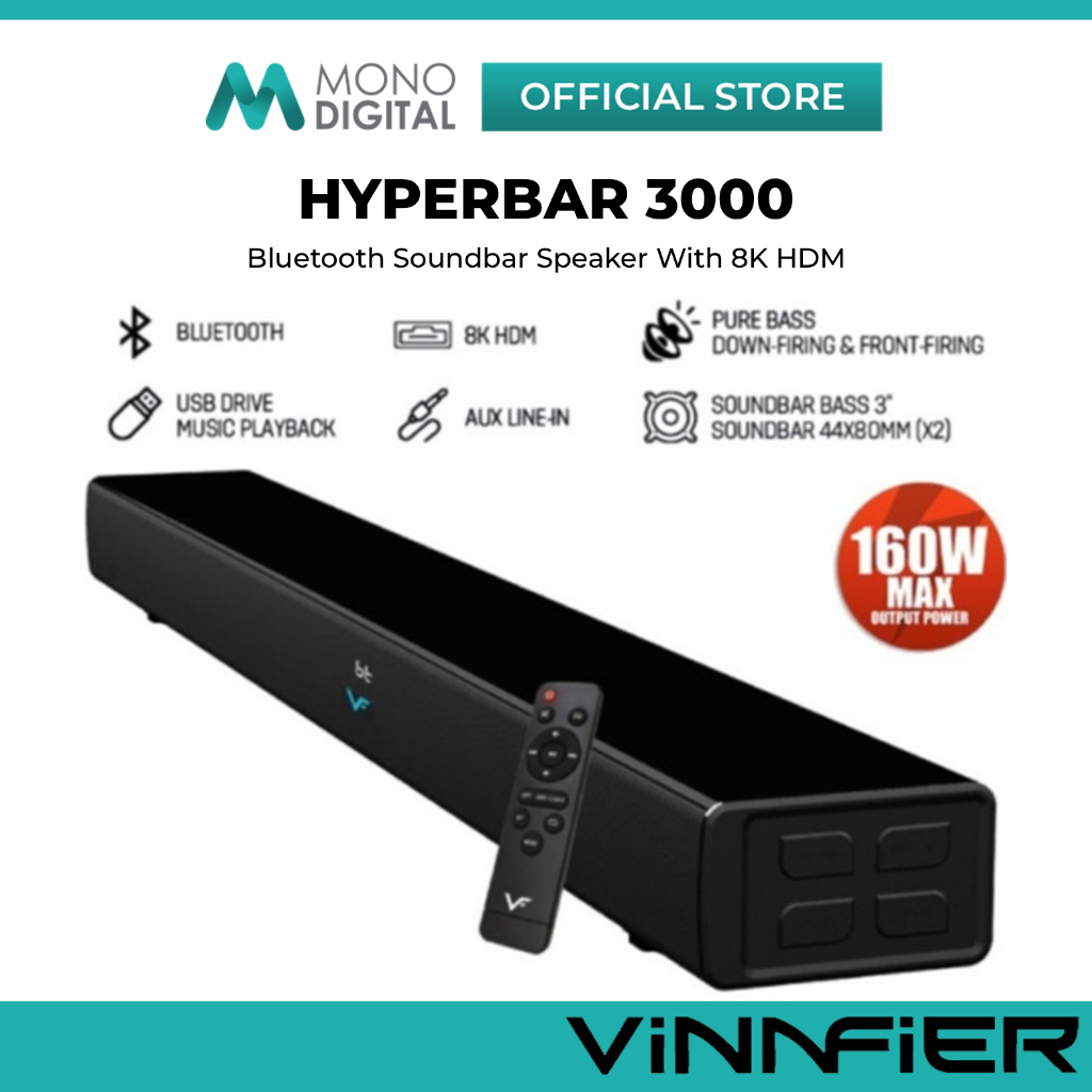 VINNFIER HYPERBAR 3000 WIRELESS BLUETOOTH SOUNDBAR SPEAKER 160W WITH 8K HDMI/ AUX IN/ OPTICAL/ USB D