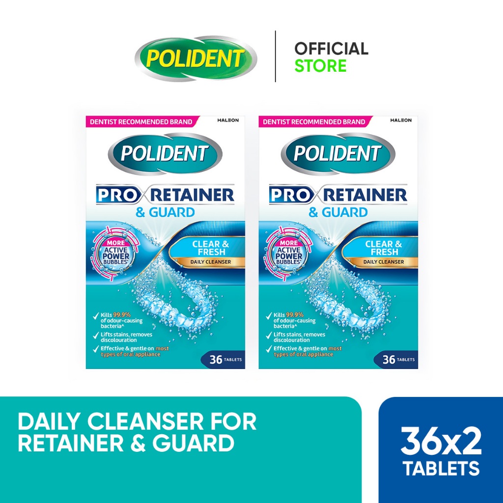 Polident Pro Retainer & Guard Cleanser, Kill Bacteria & Remove Stain for Fresher Breath (2 x 36s)