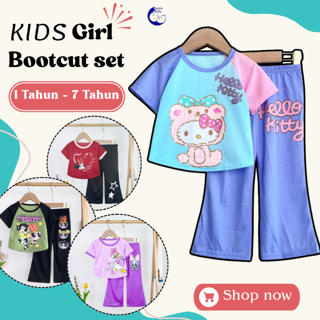 CantikBaby(1-9 Yrs) Crop top + Bootcut Set Baju Budak Perempuan Lengan pendek Seluar Panjang Playset Kids Girl Clothing
