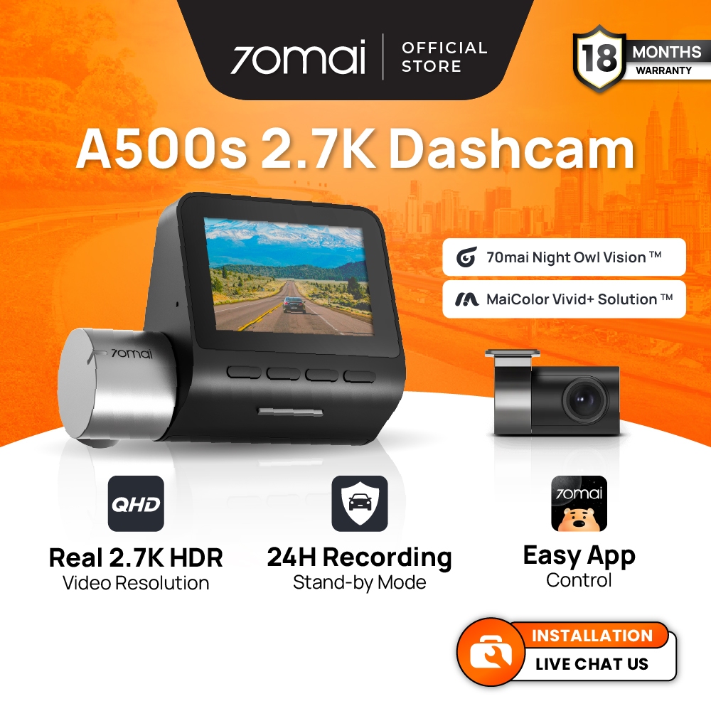 70mai A500s Dash Cam 2.7K Resolution + HDR | Built-in GPS & ADAS | Night Owl Vision | App Control | Loop Recording