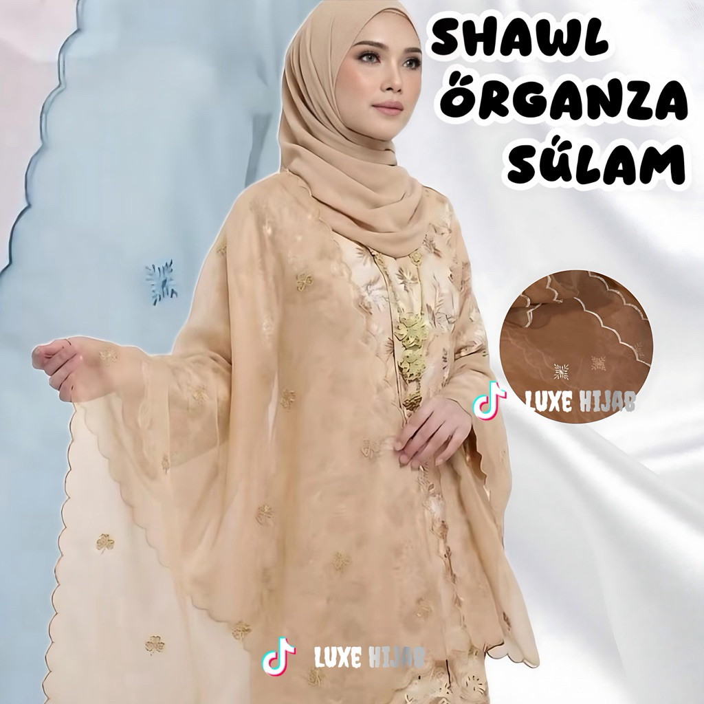 Shawl Organza Sulam Songket Shawl Organza Embroidered Malay Organza Shawl Scarf Klasik look selendang bahu sulam