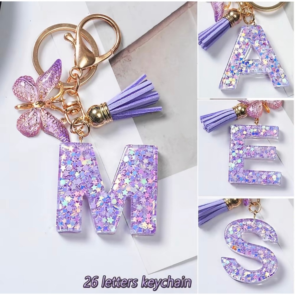 【Local Seller】A-Z Shiny Sequin Letter Keychain Resin Couple Initial Purple Stars Filled Pendant Keyrings Handbag Car Key