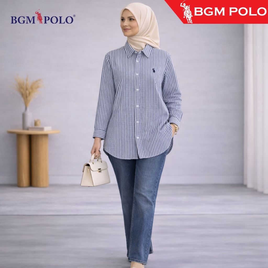 BGM POLO LADIES STRIPED BLOUSE REMI COTTON FULL BUTTON-BP-SBRC179FB-RJ1 Baju Wanita Clothing Shirts