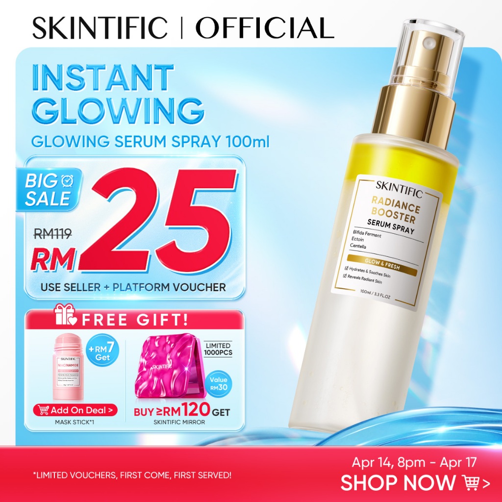 [NO.1]SKINTIFIC Radiance Booster Serum Spray 100ml Essence Skincare Glossy Hydration Radiance Serum Muka Centella