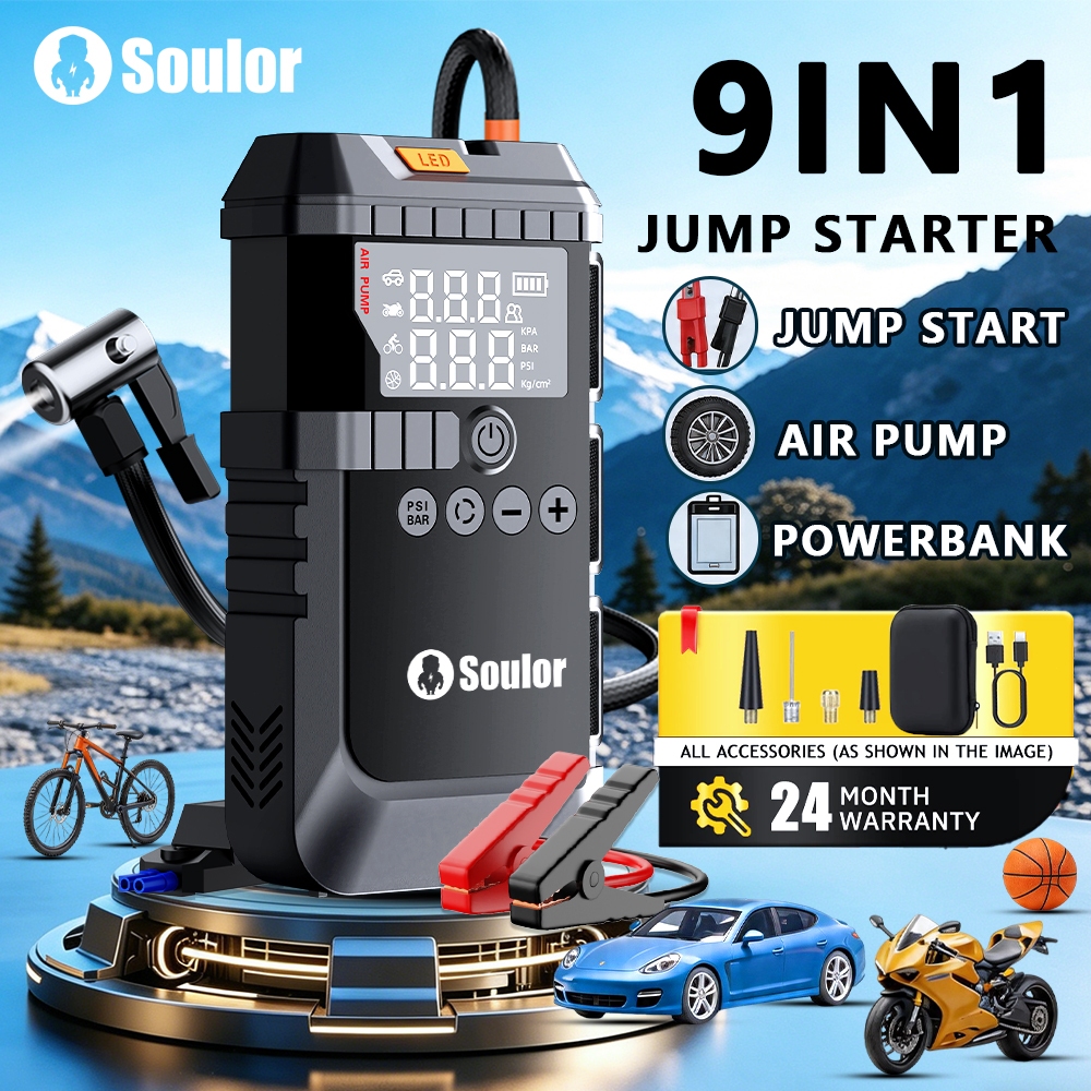 Soulor 9 IN 1 Car Jumper starter 128800mAh 12V Car powerbank Jump starter with air pump Portable Jumper kereta