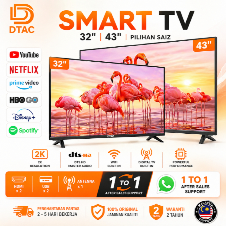 Televisyen Pintar 32 Inch DTAC Netflix Hdmi Android Goggle Smart LED TV Murah Kecil Portable