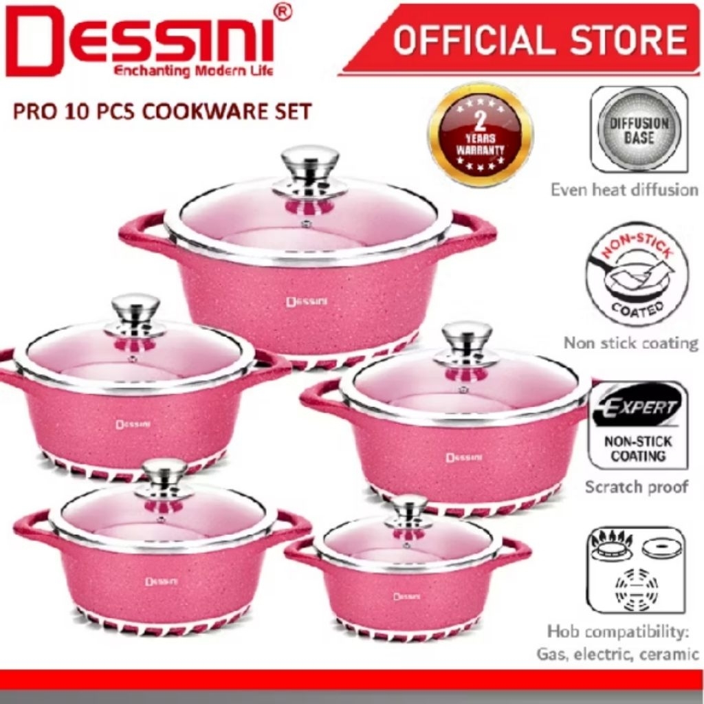 DESSINI ITALY JE-10-S Granite Aluminium Non Stick Casserole Pot Bowl Deep Fry Pan Cookware Tool (10 Pcs)❤️