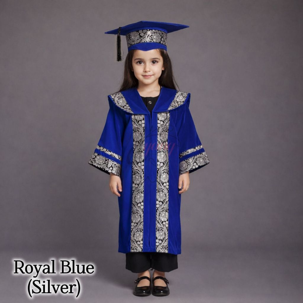 Royal Blue Songket Silver. Jubah Konvokesyen saiz TADIKA/PRASEKOLAH. Min 10 sets