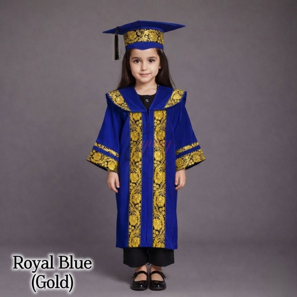 Royal Blue Songket Gold. Jubah Konvokesyen saiz TADIKA/PRASEKOLAH berserta Topi Motar. Min 10 sets.