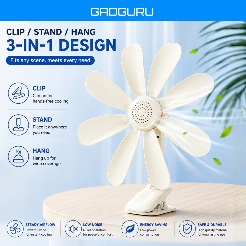 GADGURU Portable 5 Blades Leaf Clip Fan Electric Bedside Mini Fan Desktop Fan Wall Mount Fan Kipas Meja Dinding Clip