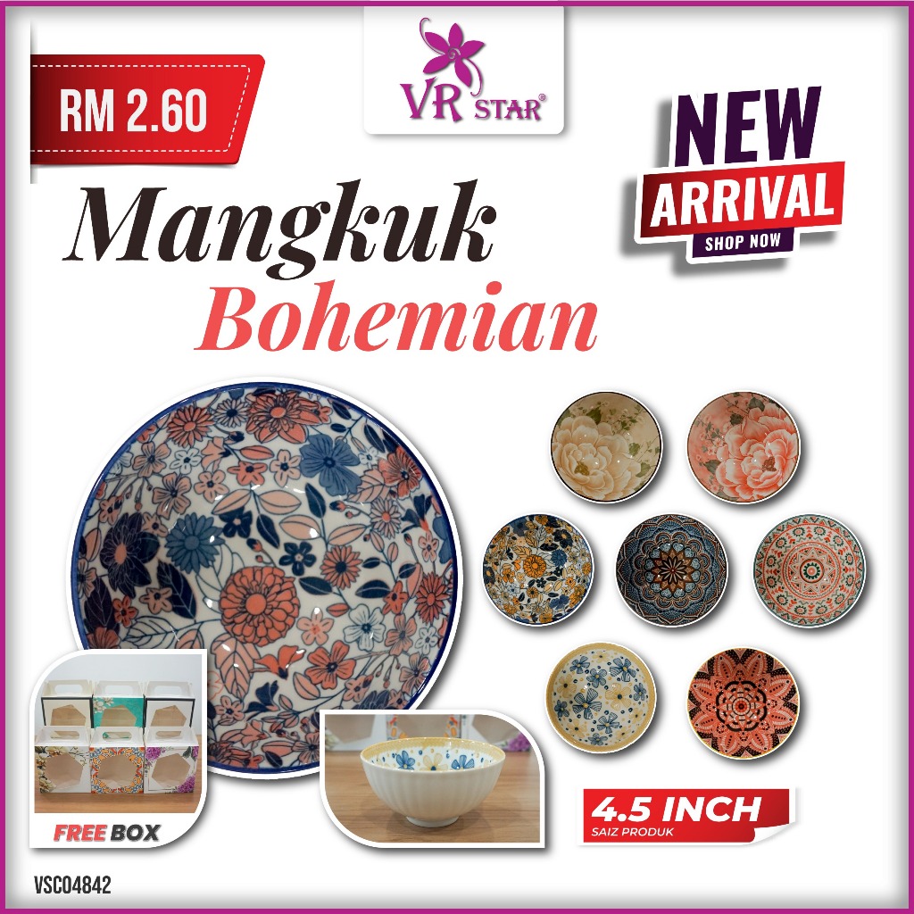 [50pcs/set] VR Star Bohemian Ceramic Bowl Mangkuk 4.5 Inchi with box Viral Doorgift