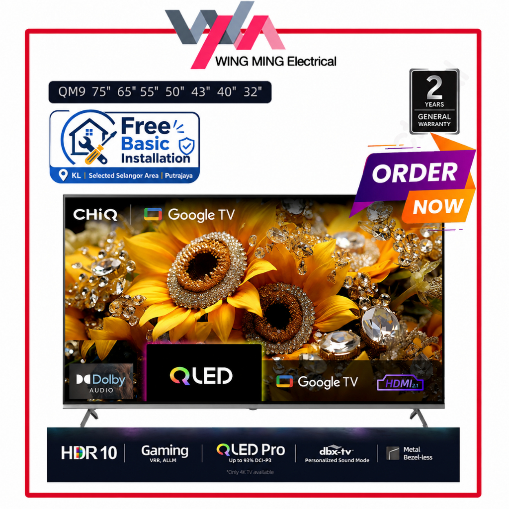 CHiQ QLED / QLED PRO 4K Google TV 75”–32” (Selected Models QLED PRO) Netflix YouTube HDMI USB