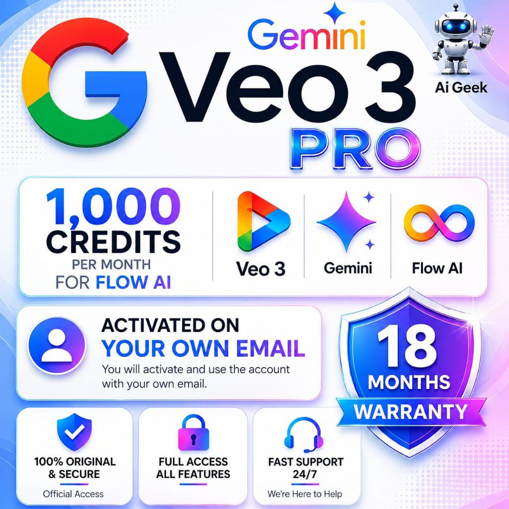 Promo, , 18 Months, Veo 3 Pro, 1000 credits per month, Private account Google Flow Ai, Gemini Pro, Veo 3 unlimited akaun