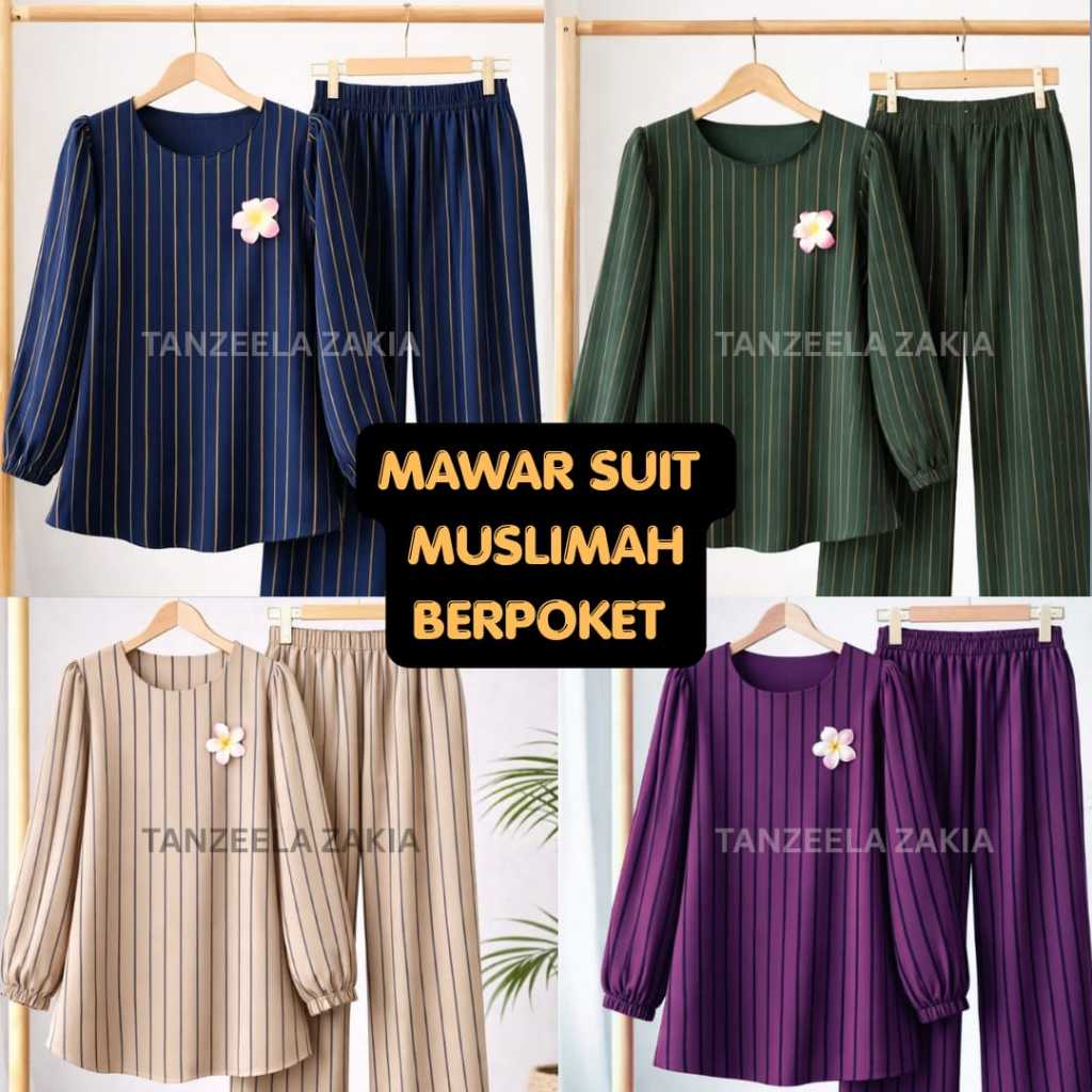 NEW MAWAR Suit Muslimah Jalur Ironless, Plus Size, Seluar Berpoket, Cey Italian Crepe Striped Muslim Fashion Wanita