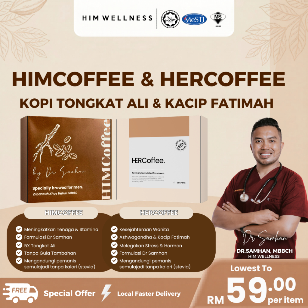 HIM & HER Coffee Dr Samhan Khas untuk Tenaga Lelaki & Wanita,Kopi Herba Lelaki & Tongkat Ali Halal Himwellness