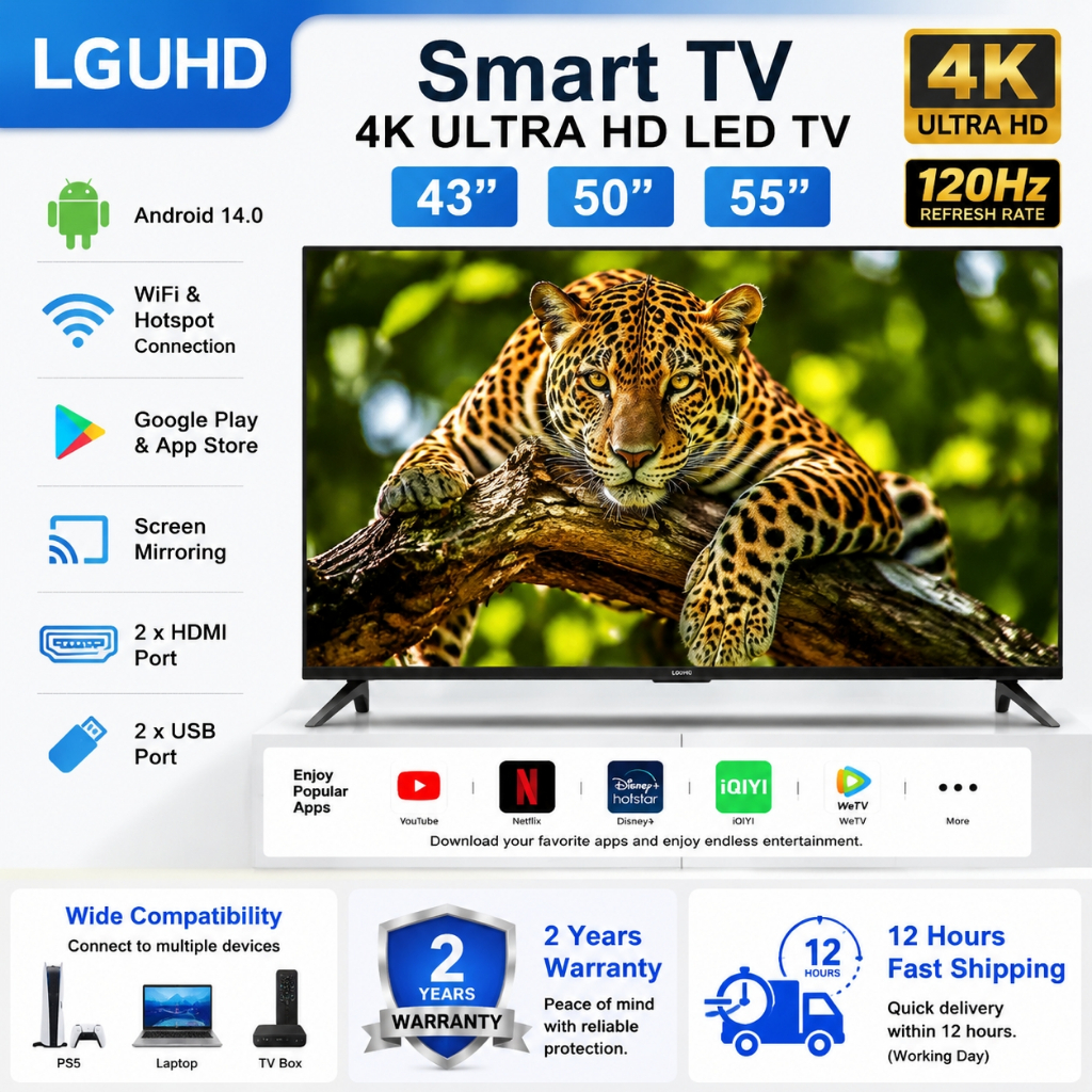 LGUHD Android Smart TV 43/50/55 Inch Bezel-Less Quantum Dot 4K UHD Netflix YouTube WiFi HDMI MYTV