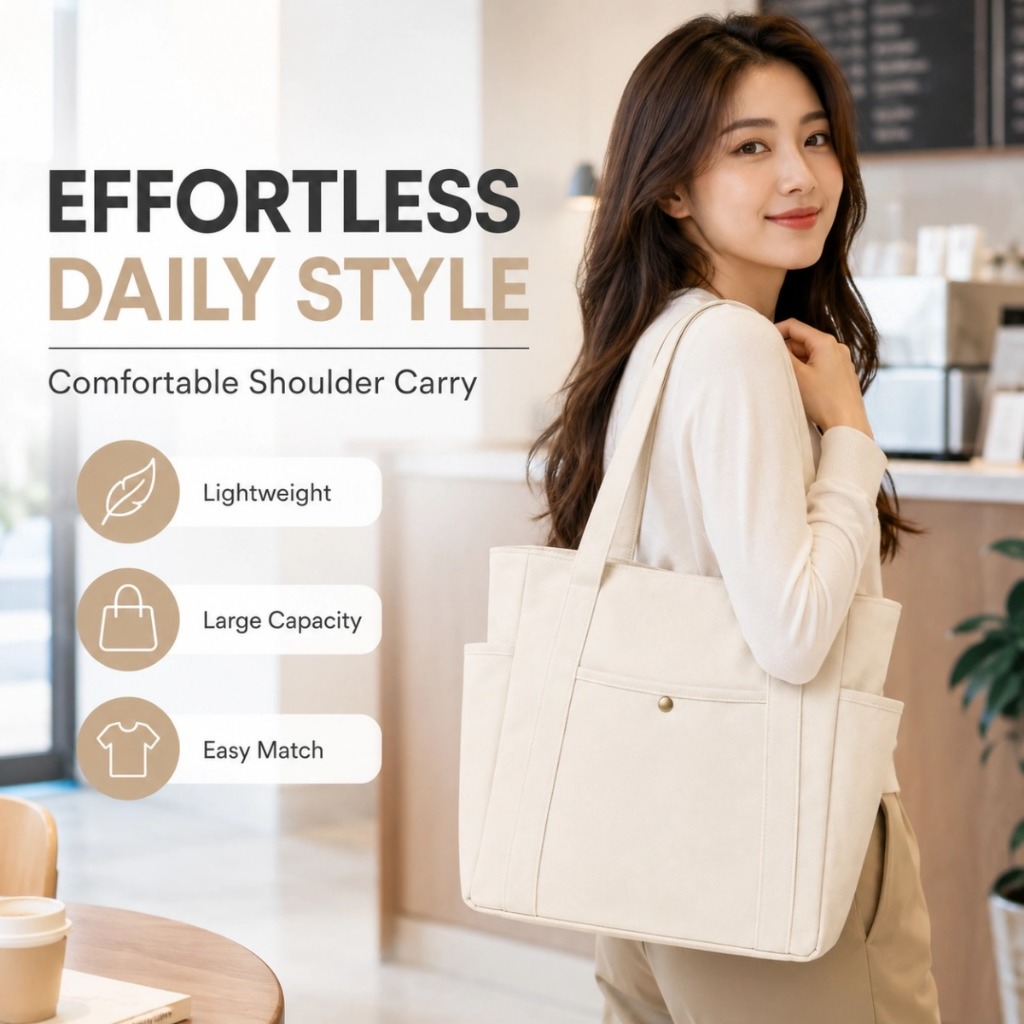 Women Canvas Tote Bag Large Capacity Shoulder Bag Minimalist Handbag Work School Beg Tote Wanita
