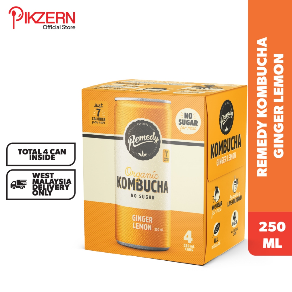 PIKZERN:Remedy Kombucha Organic Ginger Lemon 250ml ( 4 tins per tray)