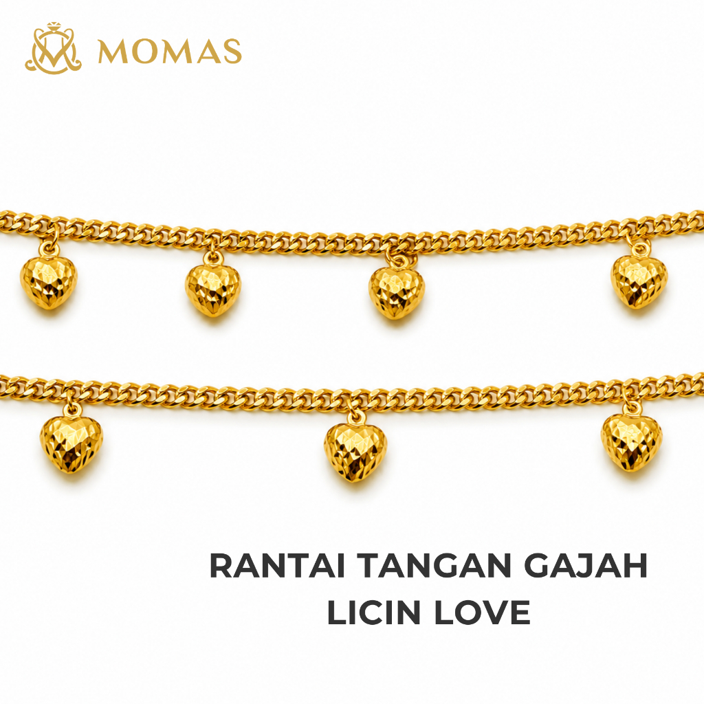 MOMAS Rantai Tangan Gajah Licin Love Gantung Emas 916 Rantai Tangan Emas 916 Gelang Tangan emas 916