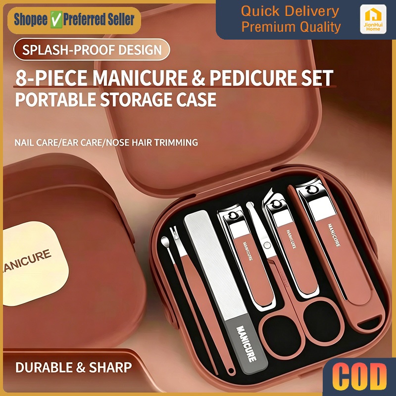 MY Ready Stock8Pcs Manicure Pedicure Set, Stainless Steel Nail Clipper Nail File Scissors Grooming Kit Set Pengetip Kuku