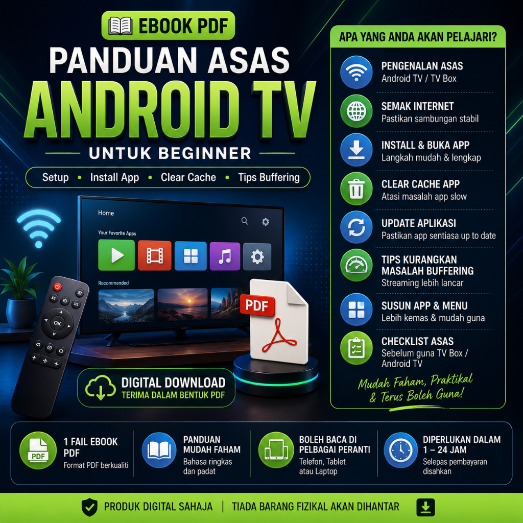 Ebook PDF Panduan Asas Android TV Untuk Beginner | Cara Setup, Install App & Kurangkan Buffering