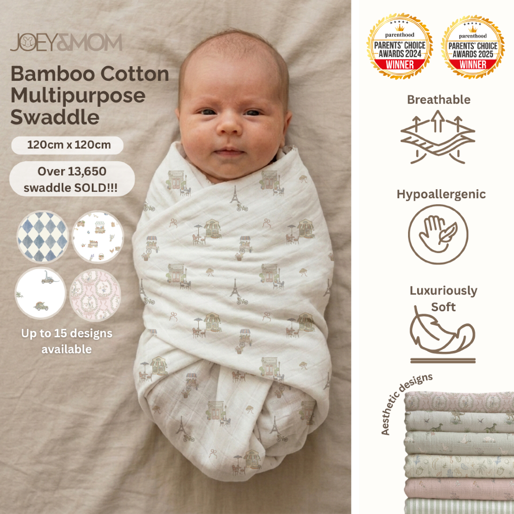 Joey&Mom Premium Bamboo Cotton Baby Swaddle Blanket 120x120cm | Eczema Friendly Swaddle, Blanket Wrap