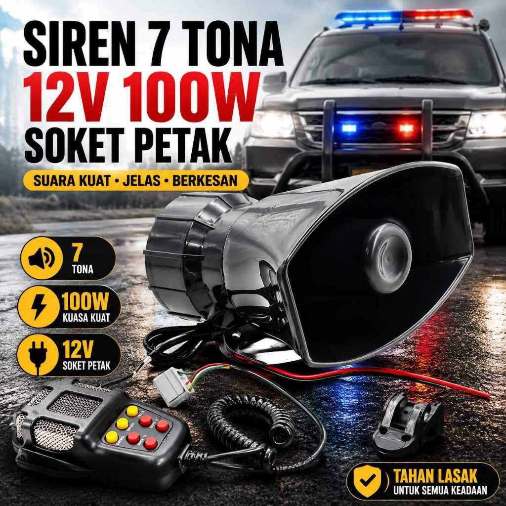 Siren Kereta 12V 100W 7 Bunyi PA Speaker, Horn Amaran Gaya Polis untuk Lori Bot Van Mudah Pasang Bunyi Kuat