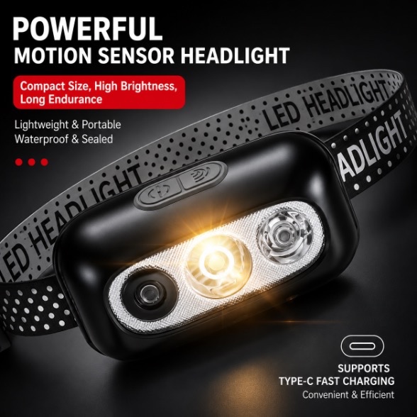 Motion Sensor LED Headlamp Rechargeable USB Type-C Waterproof Hands-Free Head Torch for Fishing, Camping, Hiking, Jungle