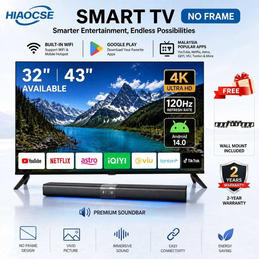HIAOCSE 32/43inch Android Smart TV 4K 120hz Google TV Digital TV MYTV 32inch Smart TV DVB-T2 Netflix