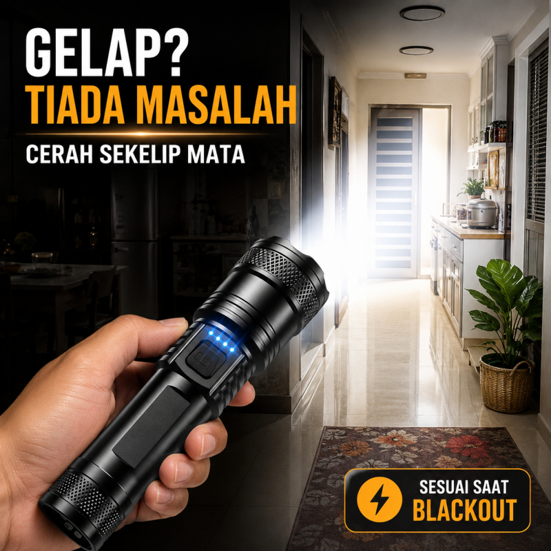 Lampu Suluh LED Rechargeable USB-C, 3 Mod Cahaya, Zoom Fokus & Paparan Paras Bateri untuk Hiking dan Memancing