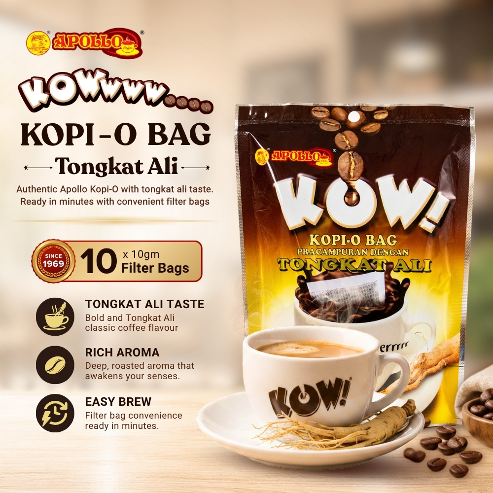 Apollo KOW Kopi-O Bag Tongkat Ali 10g x 10 Sachet | Kopi O Pracampuran | Halal I Premix Coffee Bag