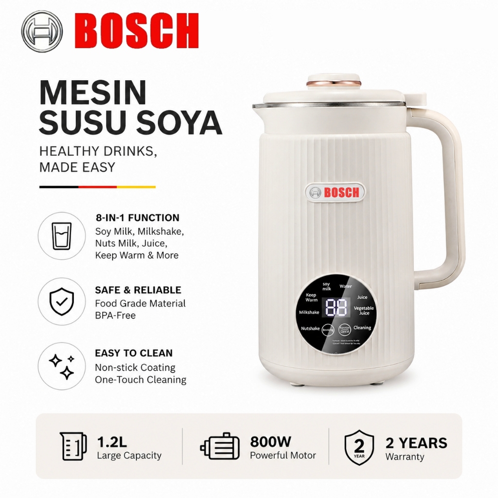 BOSCH Automatic Multifunction Soy Milk Maker Household Blender Nut Milk Juicer Mesin Susu Soya 【2‑Year Warranty】
