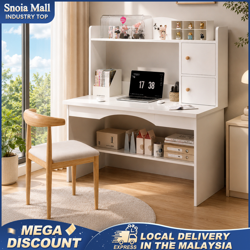 Study Table Meja Belajar Student Large Desktop Desk with Storage Bookcase Space Saving Home Office Wooden Computer Desk
