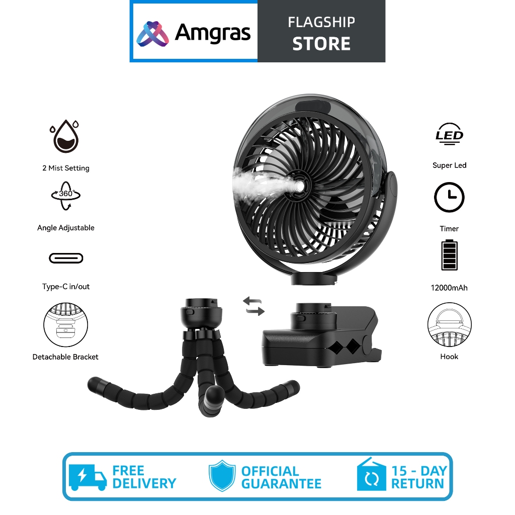 Amgras Stroller Baby Portable Mini Fan Rechargeable 9 Leds/Ultra Quiet/Flexible Tripod/55 Hours (6000mAh)