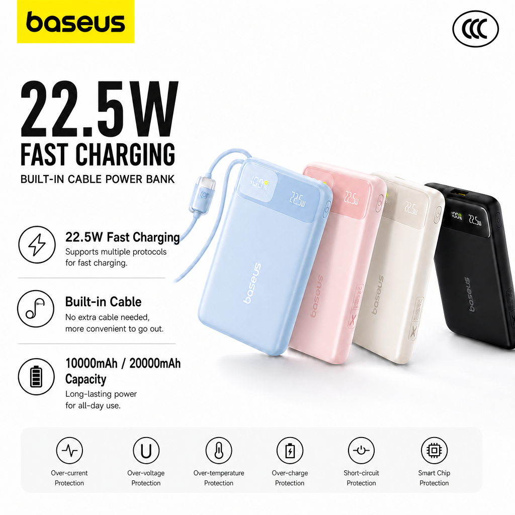 【CCC Certified】Baseus FC11 20000mAh 22.5WDual-Cable Power Bank Digital Display Fast Charging For All Phone