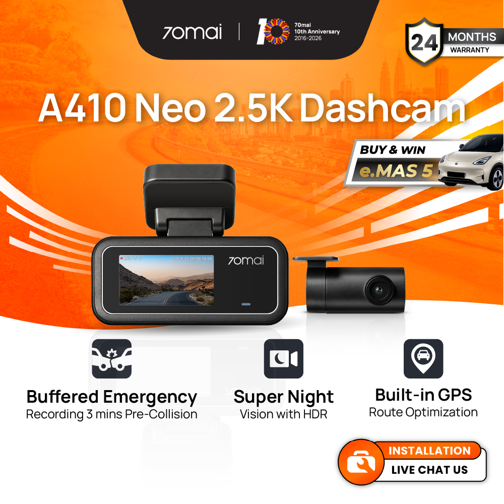 [2026 NEW UPGRADE] 70mai A410 Neo Dashcam 2.5K + HDR | Dual Channel | Built-in GPS | Super Night Vision | Supercapacitor
