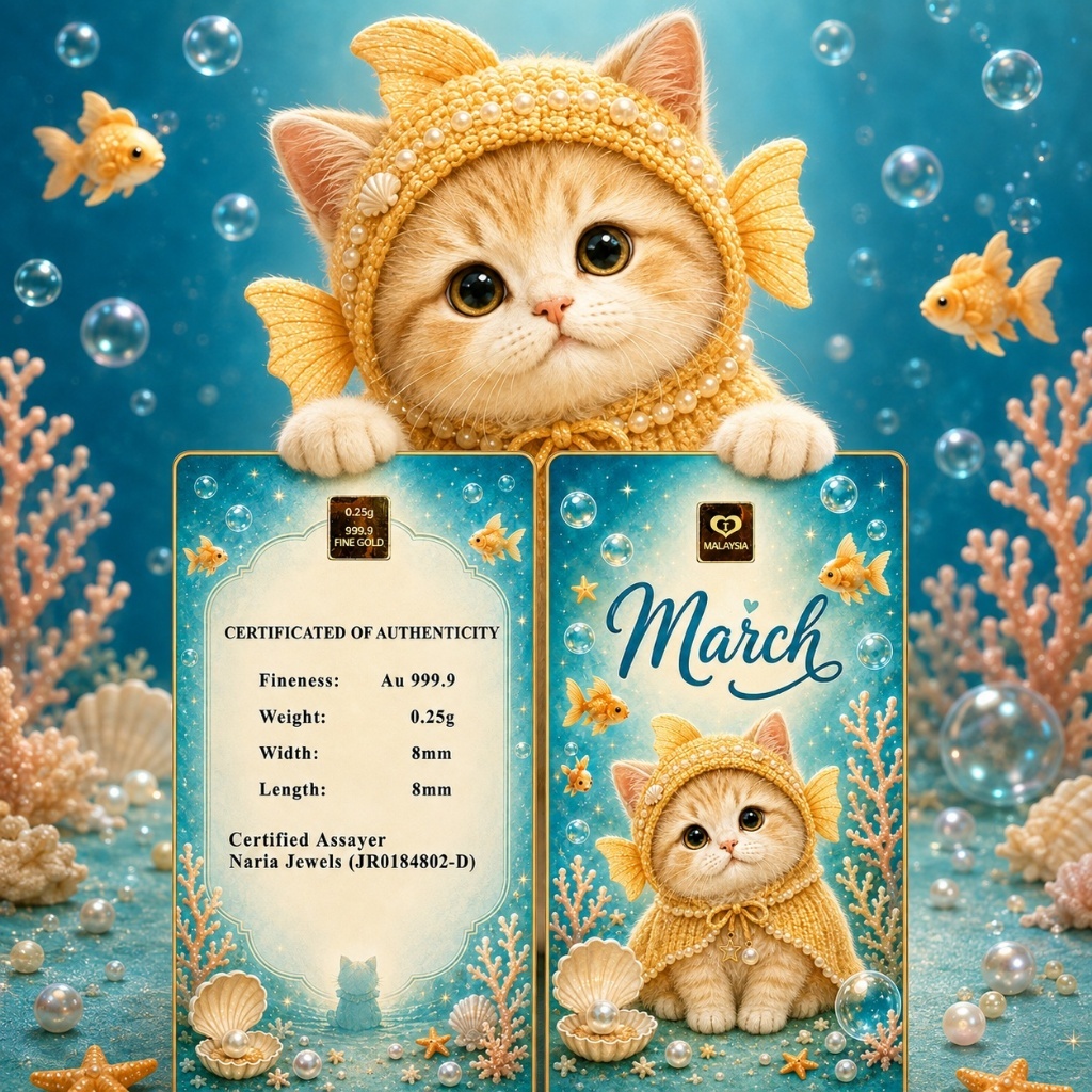 Naria 999.9/24K Gold Bar 0.25gm Cute Cat March Design Edisi Kucing Comel&hellip;
