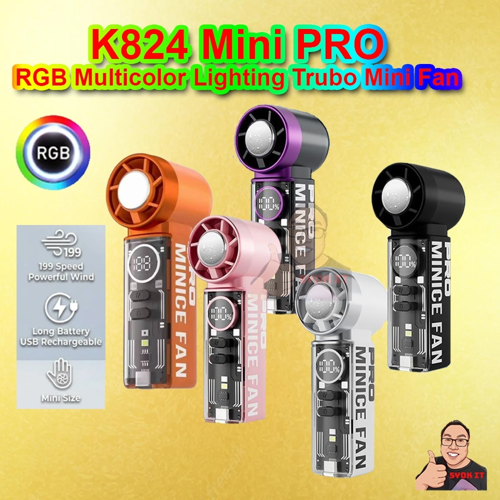 K824 Mini Fan Handheld Fan Turbo Fan 199 Speed TEC Cooling RGB Rechargeable Kipas Mini Kipas Tangan Kipas USB TYPE-C