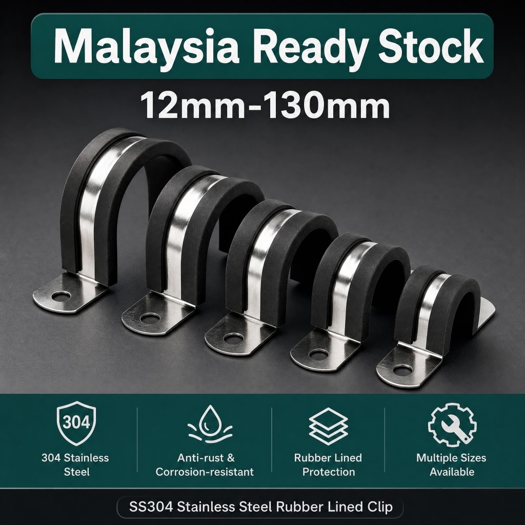 Malaysia Ready Stock 12mm-130mm SS304 Stainless Steel EPDM Rubber Lined Pipe Saddle Clamp for Pipe Hose Cable Fixing