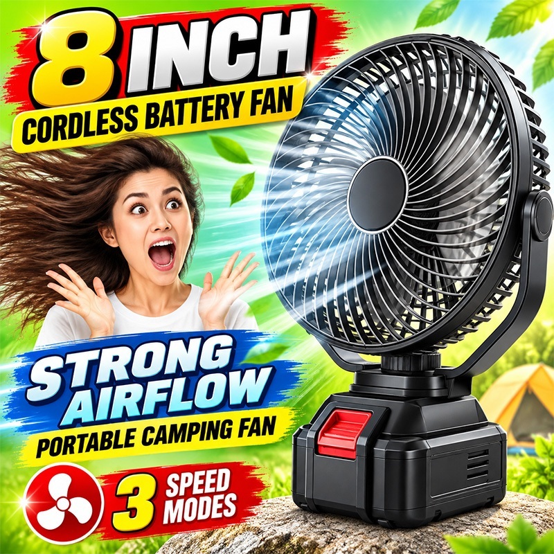 LOPMINAI 8 Inch Kipas Mini Bateri Tahan Lama Kipas Camping Tahan Lama Kipas Portable Rechargeable Fan Cordless