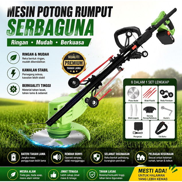 RS7 Mesin Potong Rumput Bateri Tanpa Wayar 8 Dalam 1 Ringan Berkuasa Mudah Digunakan untuk Halaman Taman