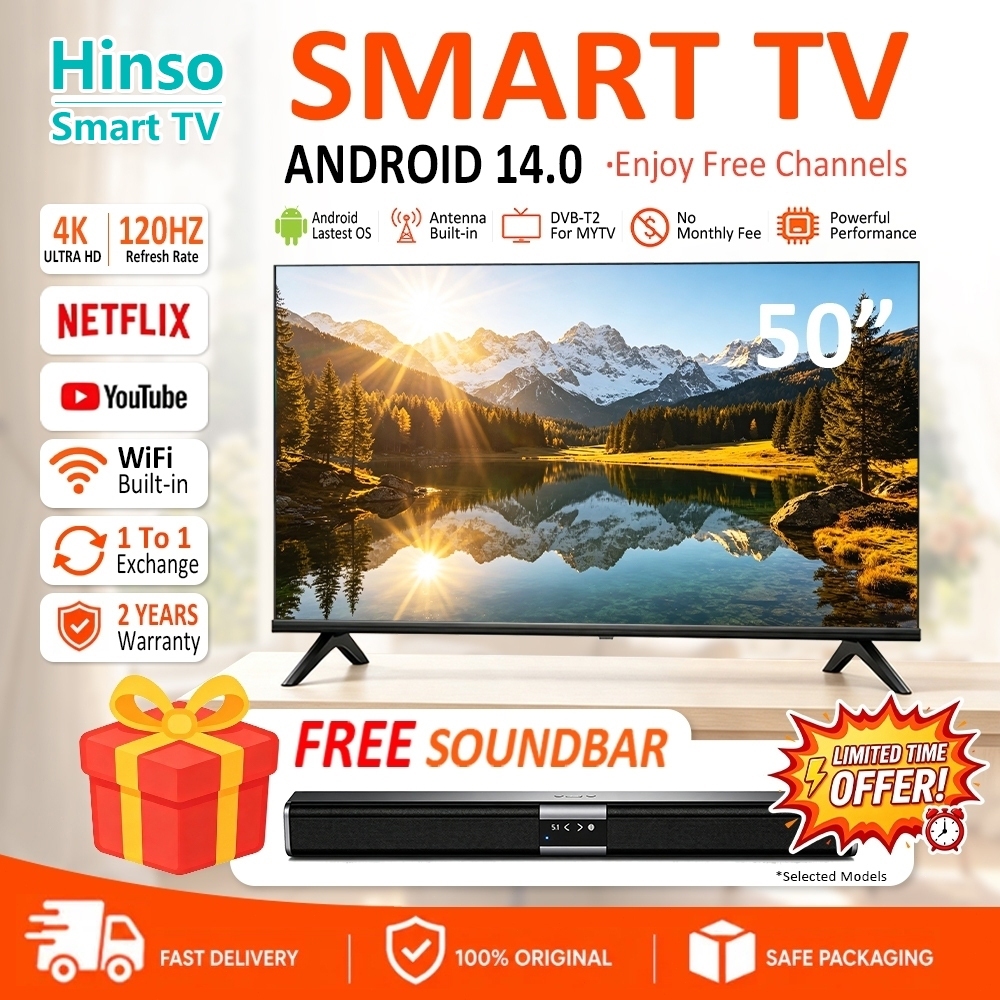 [FREE SHIPPING]Hinso 50" Android Televisyen 55/43/32 inch Smart TV DVB-T2 MYTV YouTube Netflix Led 4K HD Tv Murah