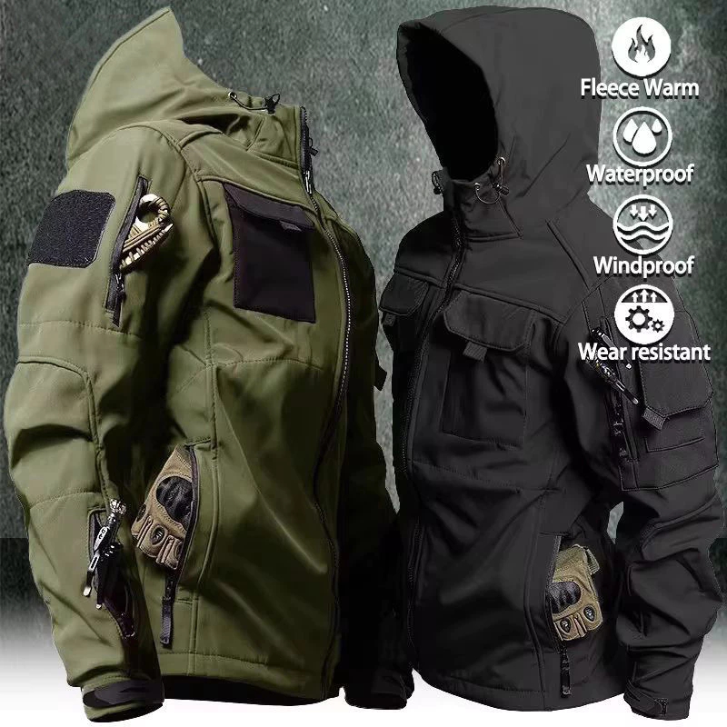 New Sharkskin Soft Shell Hooded Jacket Windproof Waterproof Camping Hiking Hunting Jacket Stretch Fleece Sportswear