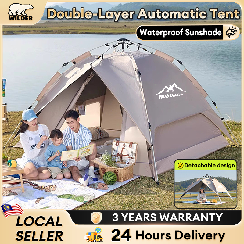 【Waterproof】Automatic Tent Khemah Camping Tent 2 Doors Outdoor UV Foldable Khemah Auto Tents Silver Coating Anti-UV