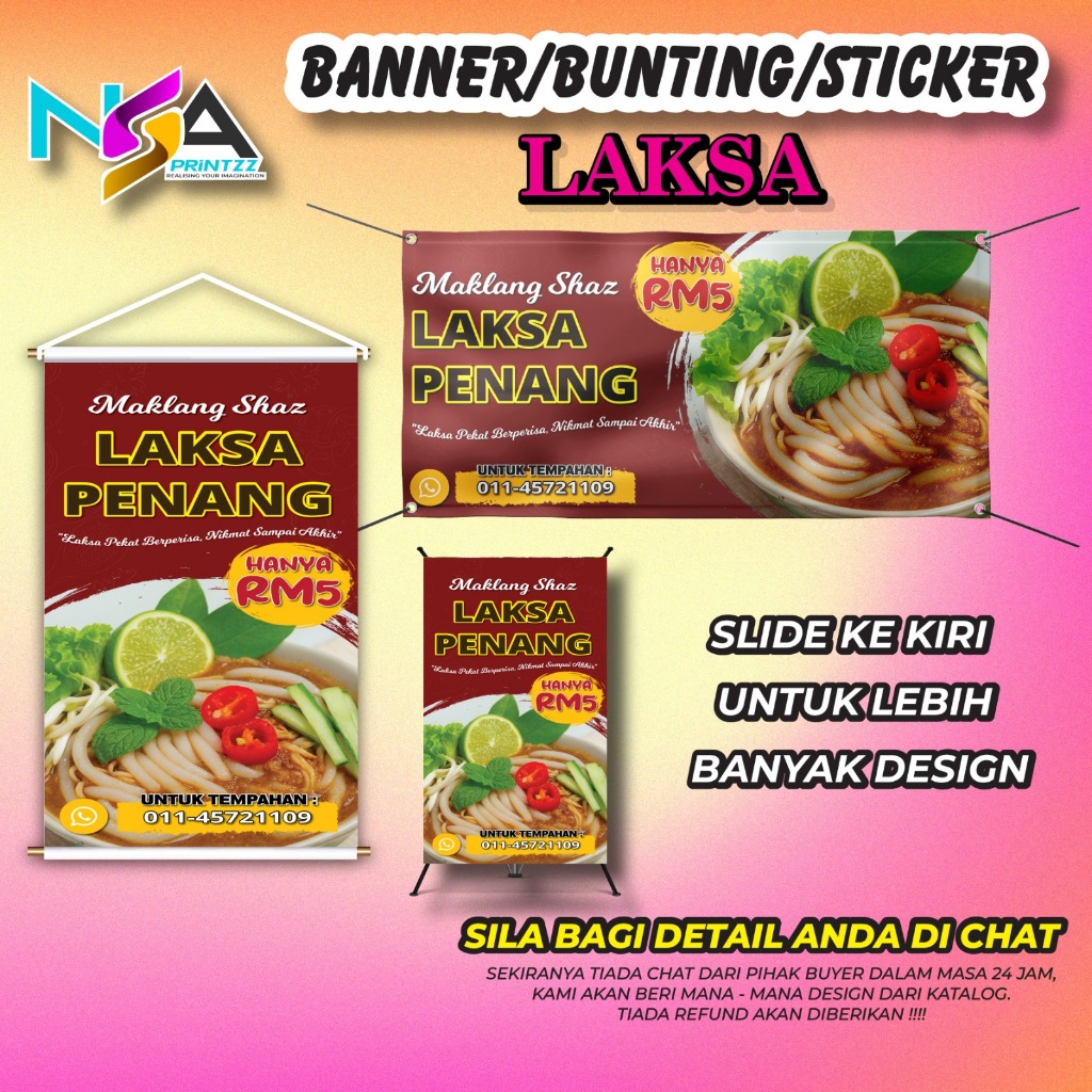 Banner Ready Made Laksa Penang | Design Sedia Ada | Custom Nama & Nombor Telefon